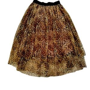 Y2K Sheer Leopard Print Mesh Tiered MIDI Skirt Sz S Animal Full Ballet Lined